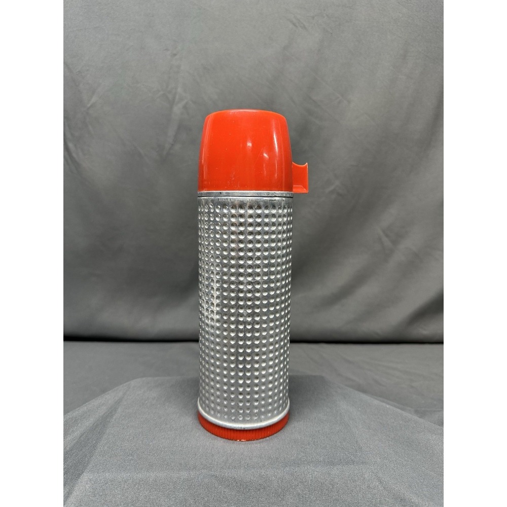 Vintage Aladdin Thermo-King Thermos Bottle Dimpled Metal MCM Silver Red No. 708